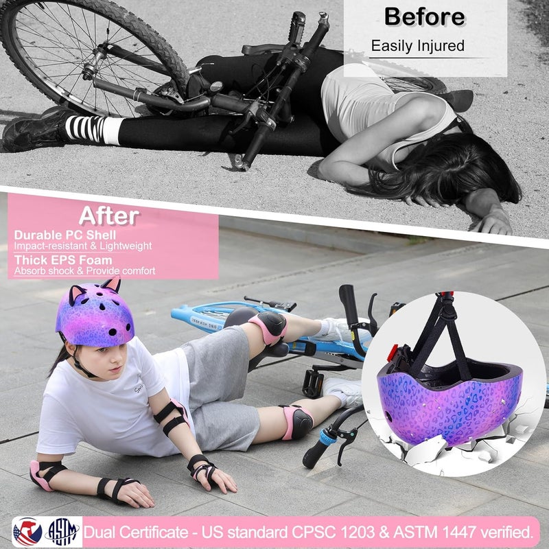 FIODAY Kids Helmet, Bike Helmets for Kids 8-14 with Knee Pads and Elbow Pads Wrist Guards, Adjustable Youth Girls Bike Helmet with DIY Cat Ears Skateboard Helmet for Scooter Skating Cycling - Image 2